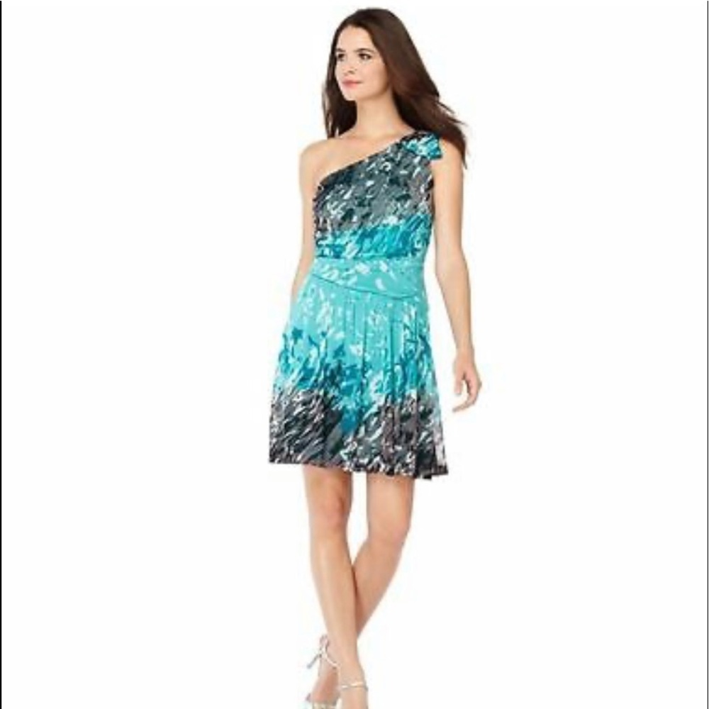 NINE WEST Teal Gray Chiffon One Shoulder Dress 14